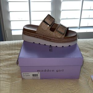 Madden Girl Raffia Buckle Slides